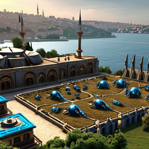 ** A bustling Protoss base in Istanbul. Focus on a gleaming Nexus overlooking the Bosphorus. Gateway units (Zealots, Sentries) are actively being warped in, ready for action. In the distance, a tea garden (çay bahçesi) contrasts the Protoss technology. Make the scene look like the Protoss are defending against a Zerg Swarm near Sultanahmet.

**