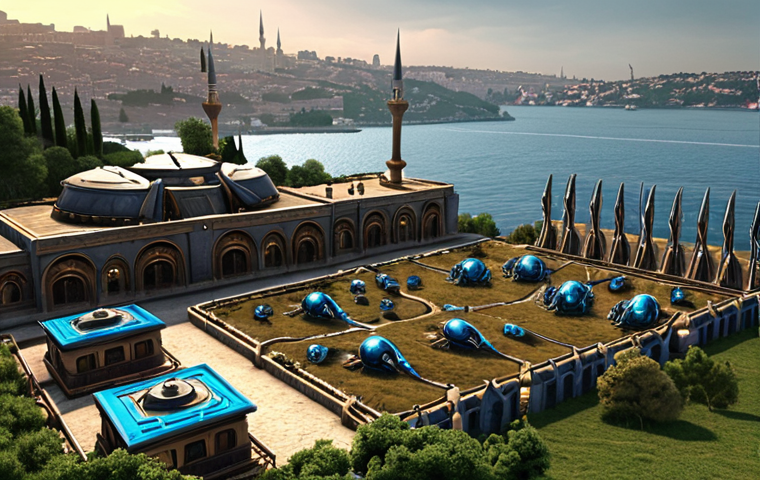 ** A bustling Protoss base in Istanbul. Focus on a gleaming Nexus overlooking the Bosphorus. Gateway units (Zealots, Sentries) are actively being warped in, ready for action. In the distance, a tea garden (çay bahçesi) contrasts the Protoss technology. Make the scene look like the Protoss are defending against a Zerg Swarm near Sultanahmet.

**