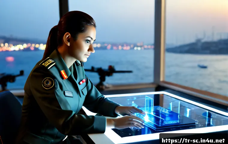 테란 에너지 유닛 활용법 - Photorealistic futuristic strategy command room in Istanbul, focused Turkish female commander in pra...