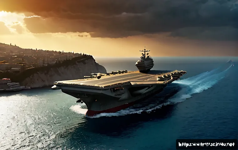 Home 17 프로토스 캐리어 운영법 - Photorealistic cinematic sci-fi strategy scene, a massive golden alien aircraft carrier hovering abo...